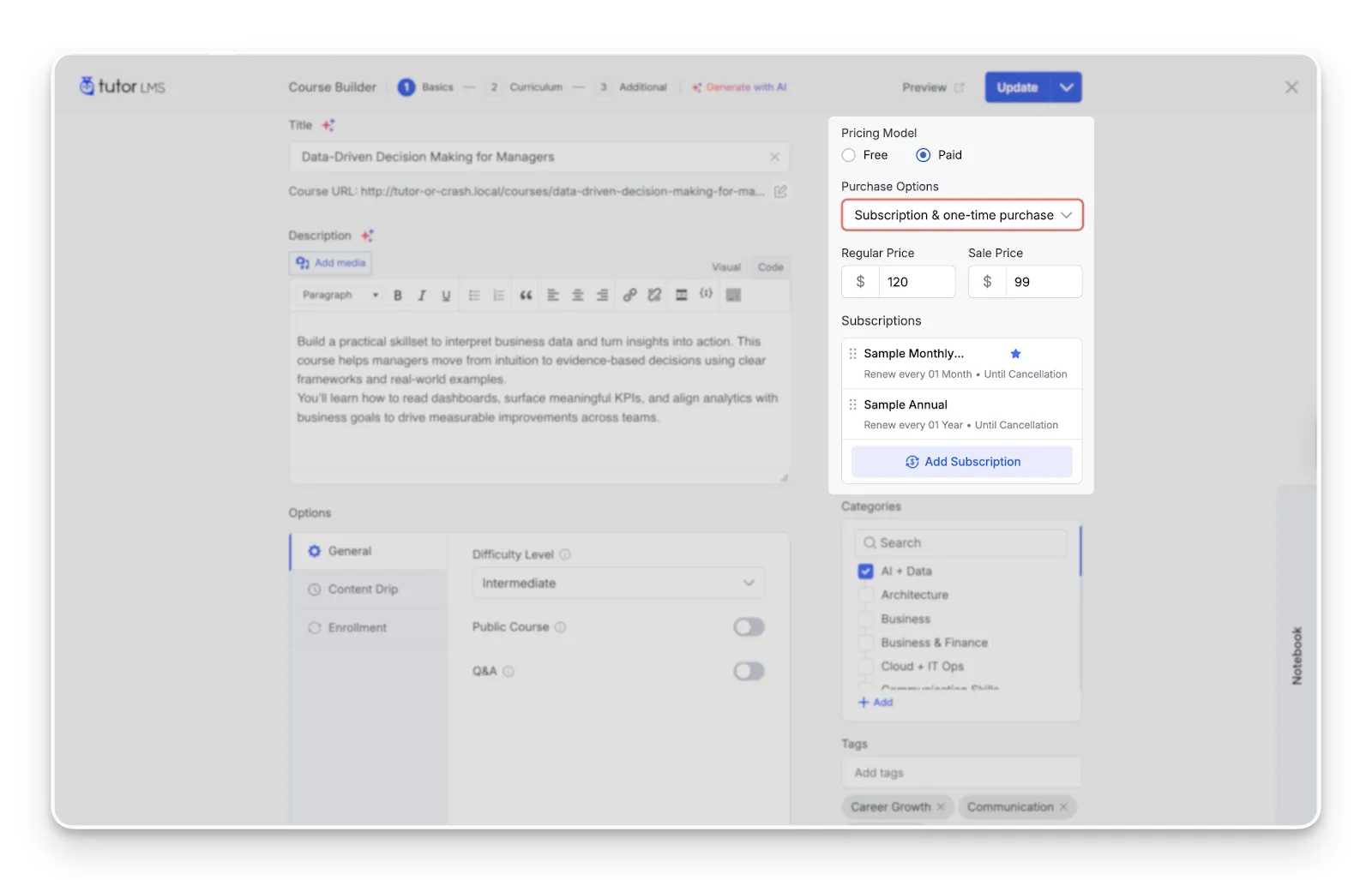 Create courses with both Subsctiption pricing and One Time Buy Pricing Model with Tutor LM<S