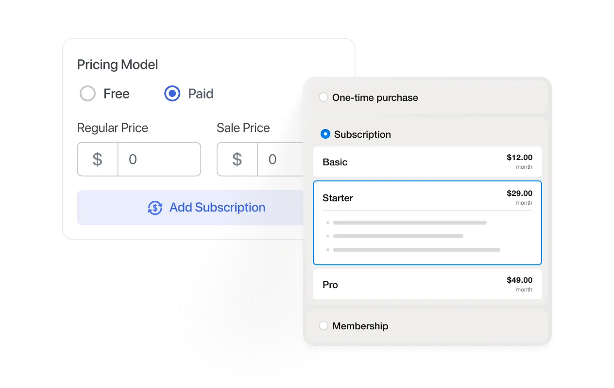A TutorLMS pricing model selector showing subscription tiers — Basic at $12/month, Starter at $29/month, and Pro at $49/month — alongside one-time purchase and membership options.