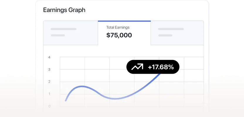 An earnings graph showing $75,000 total earnings with a +17.68% growth indicator on an upward trending line chart.