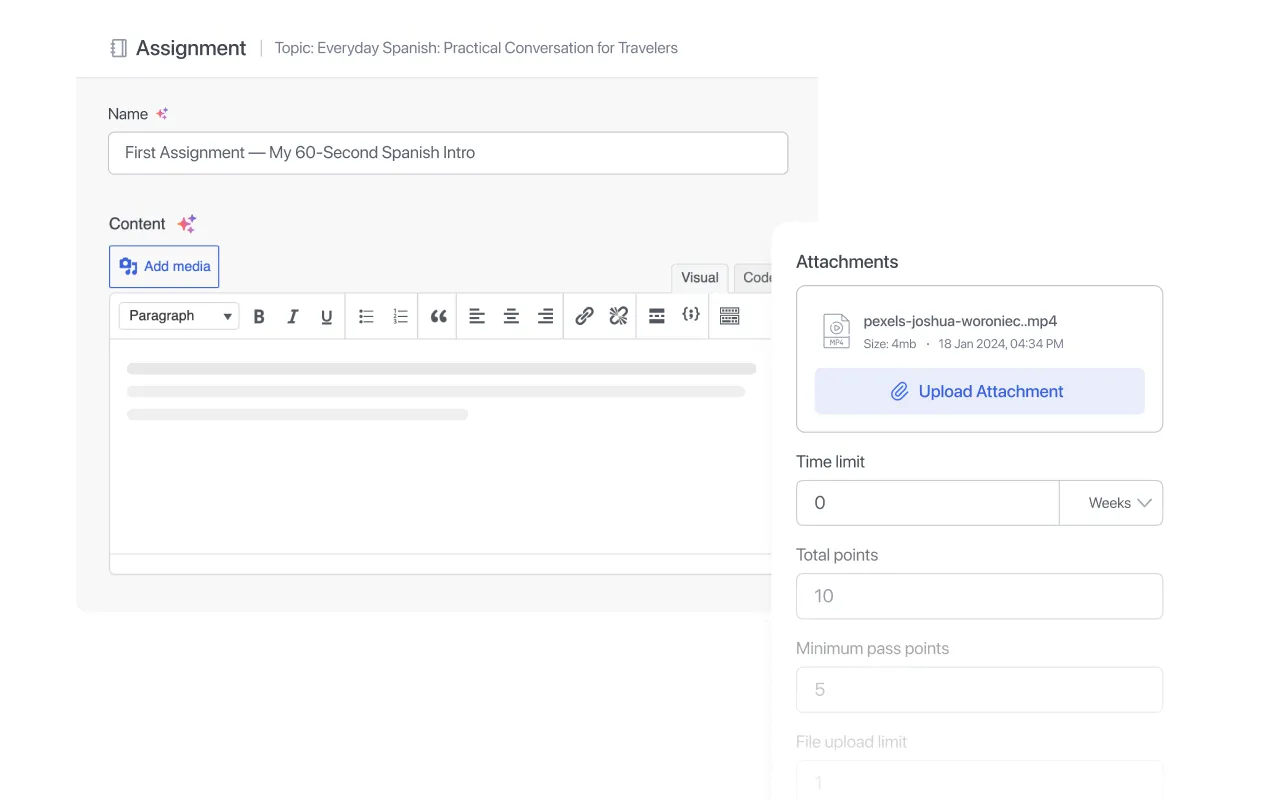 Assignment creation form with content editor and attachment upload