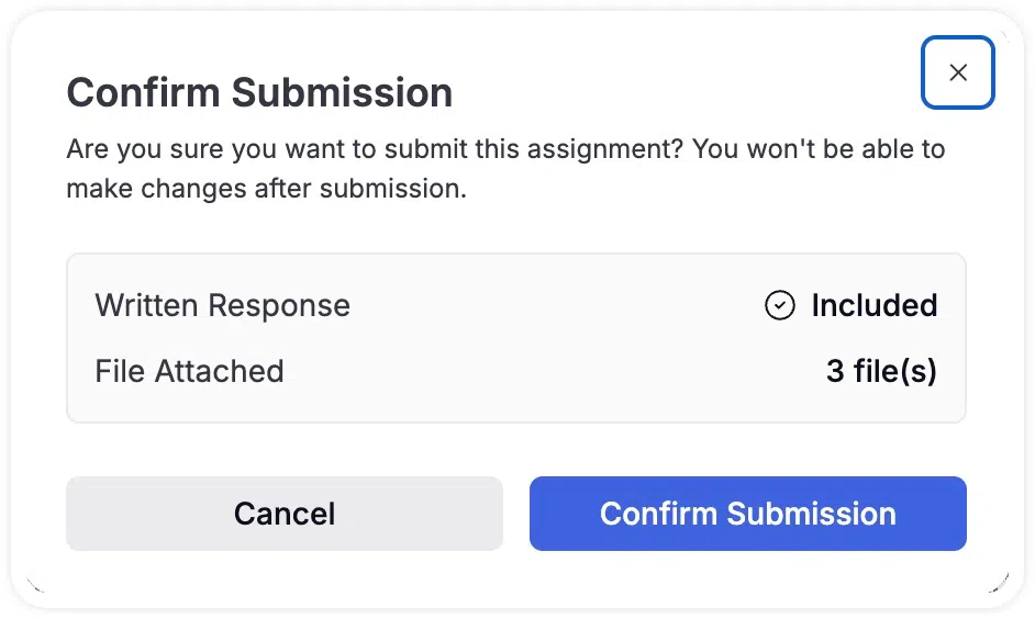 Assignment submission confirmation modal