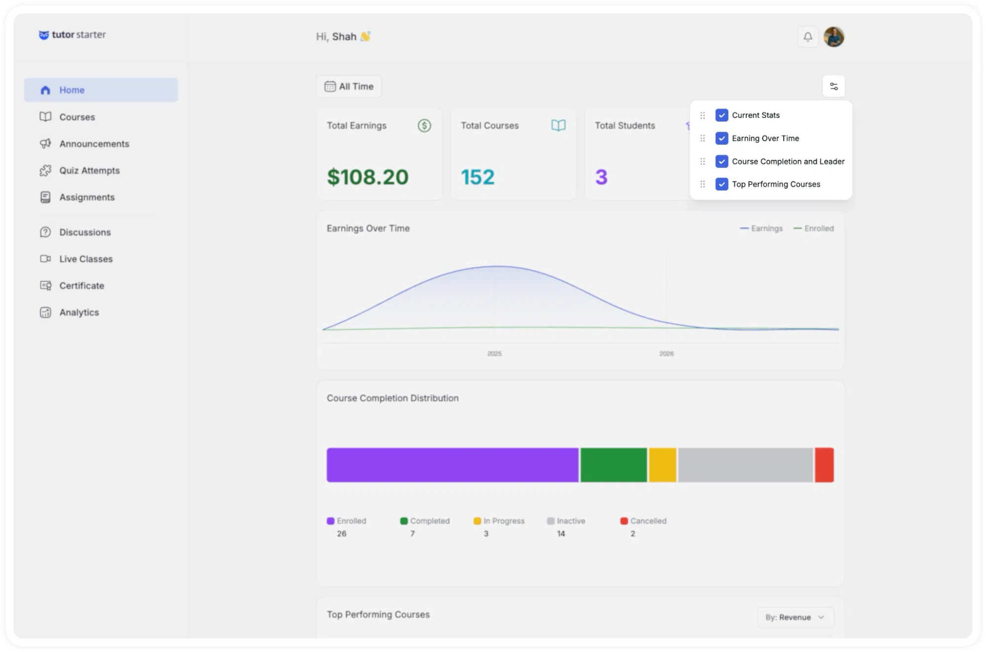 Choose which cards you want to see on your Instructor Dashboard