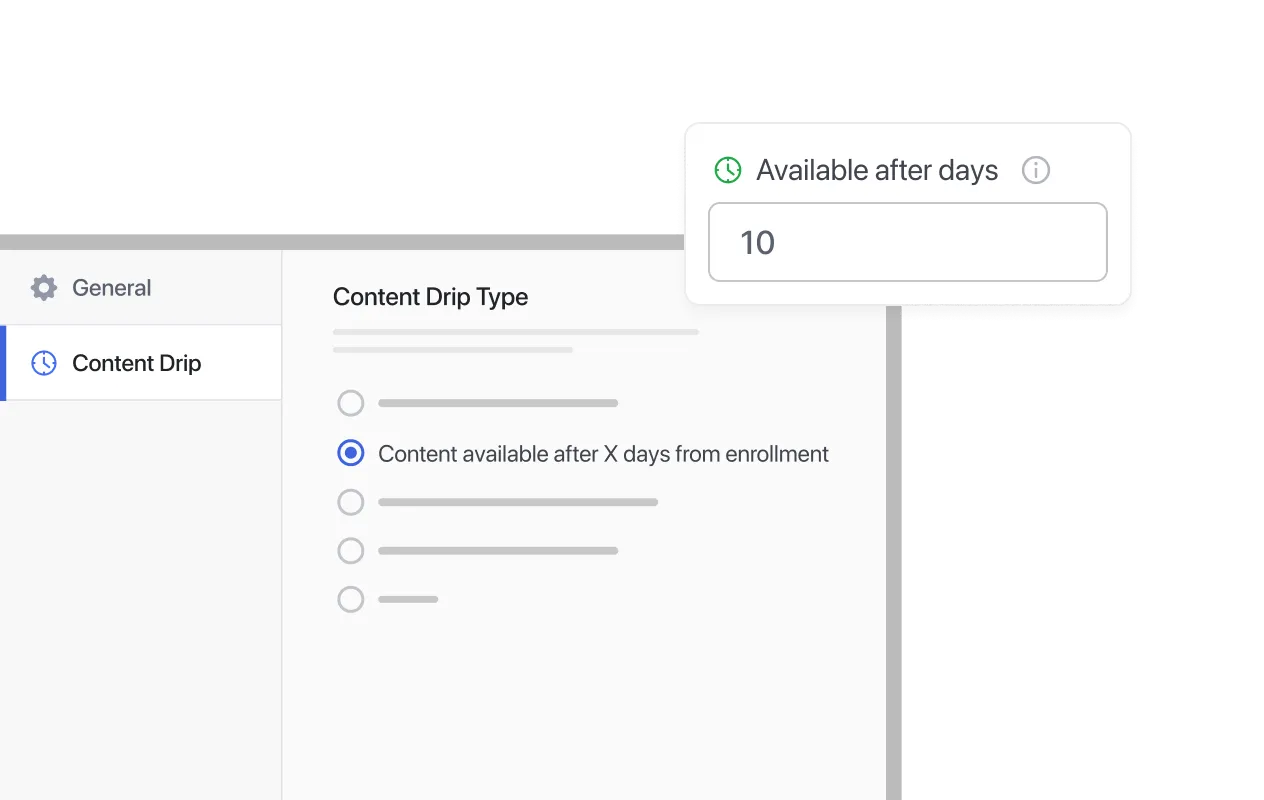 Content drip settings with enrollment-based release option selected.