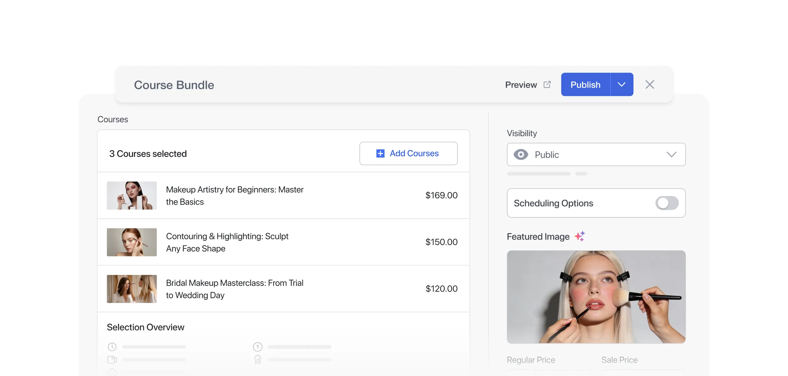 Course bundle creation interface with makeup course selections