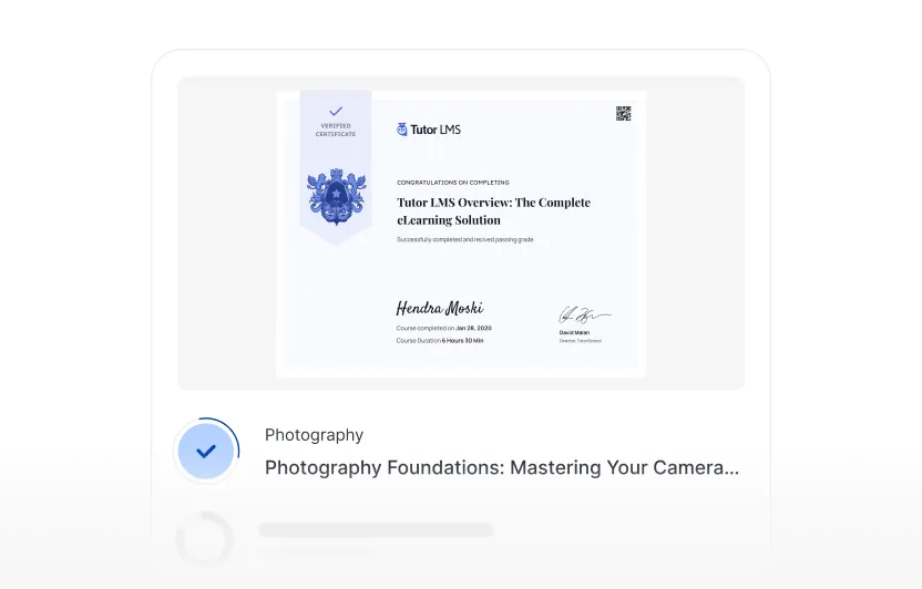 Course completion certificate with verified checkmark badge