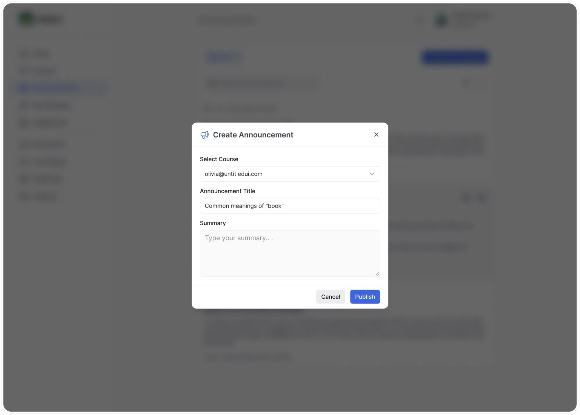 Crete a new Course wide announcement Modal tutor LMS