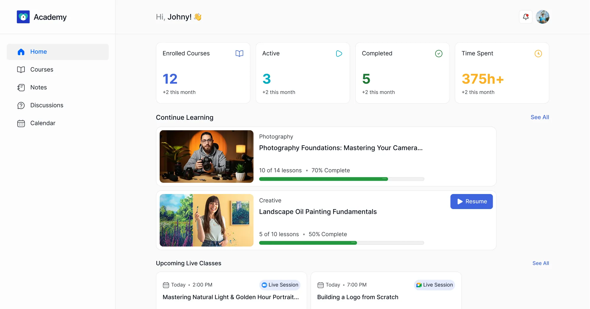 Desktop and mobile dashboard modern mode showing courses and learning stats