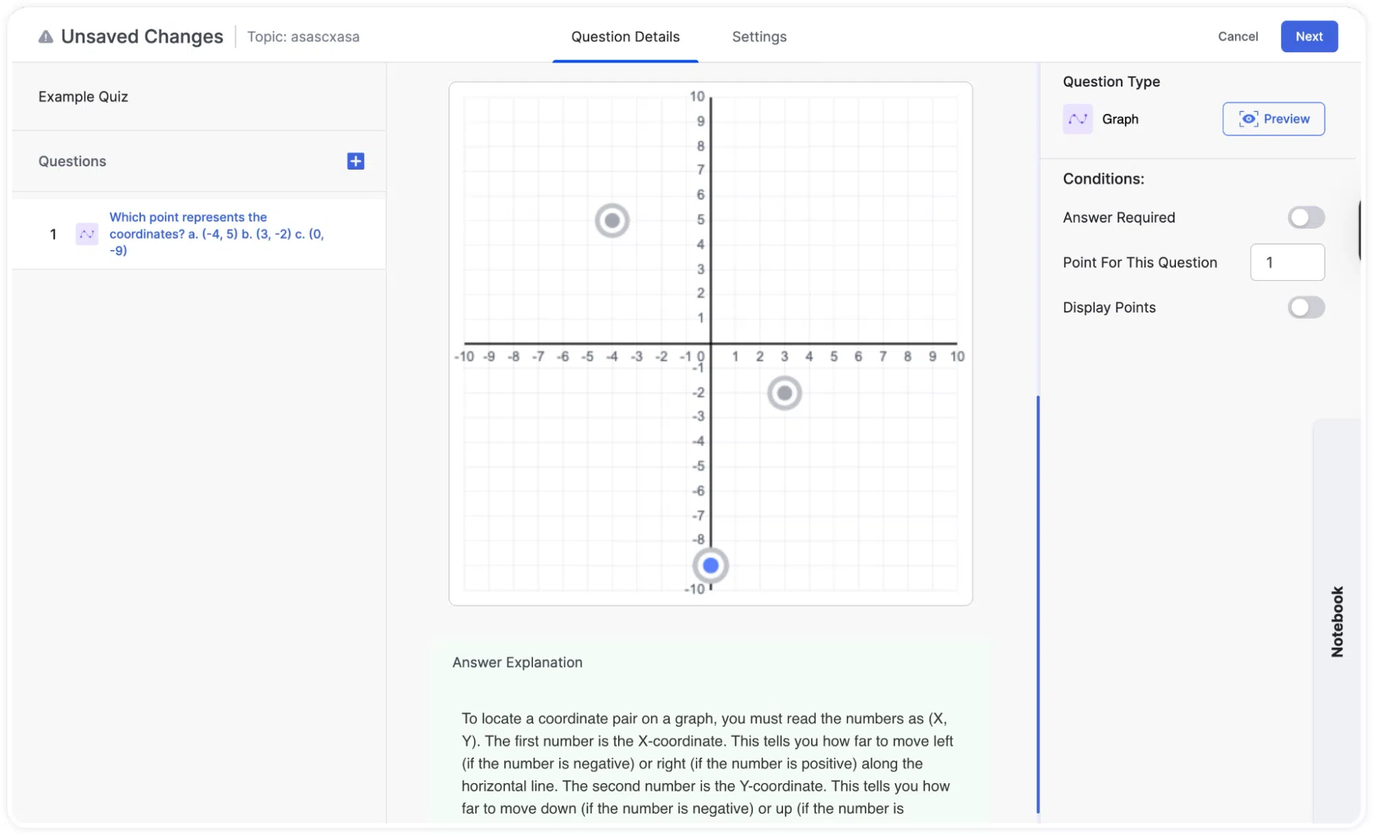 Graph question type-Preview of Coordinates