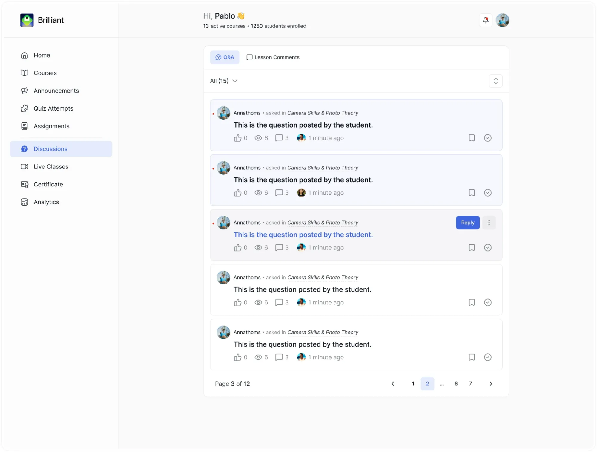 Instructor Dashboard Discussion tab- The Q&A List