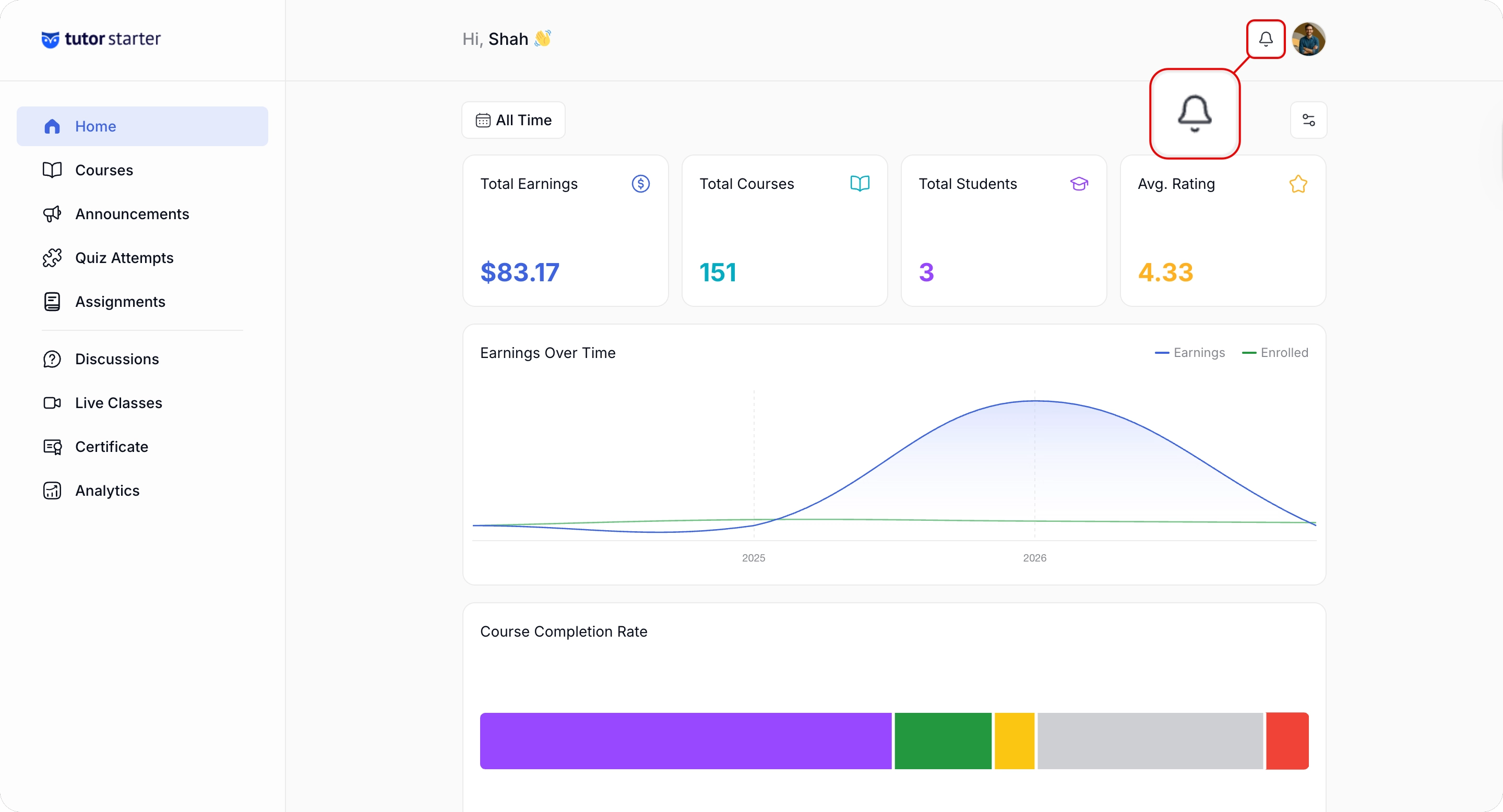 Instructor Dashboard Notification Bell