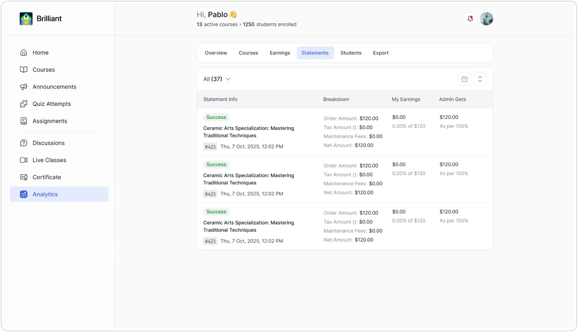 Instructor Dashboard- Statement Tab