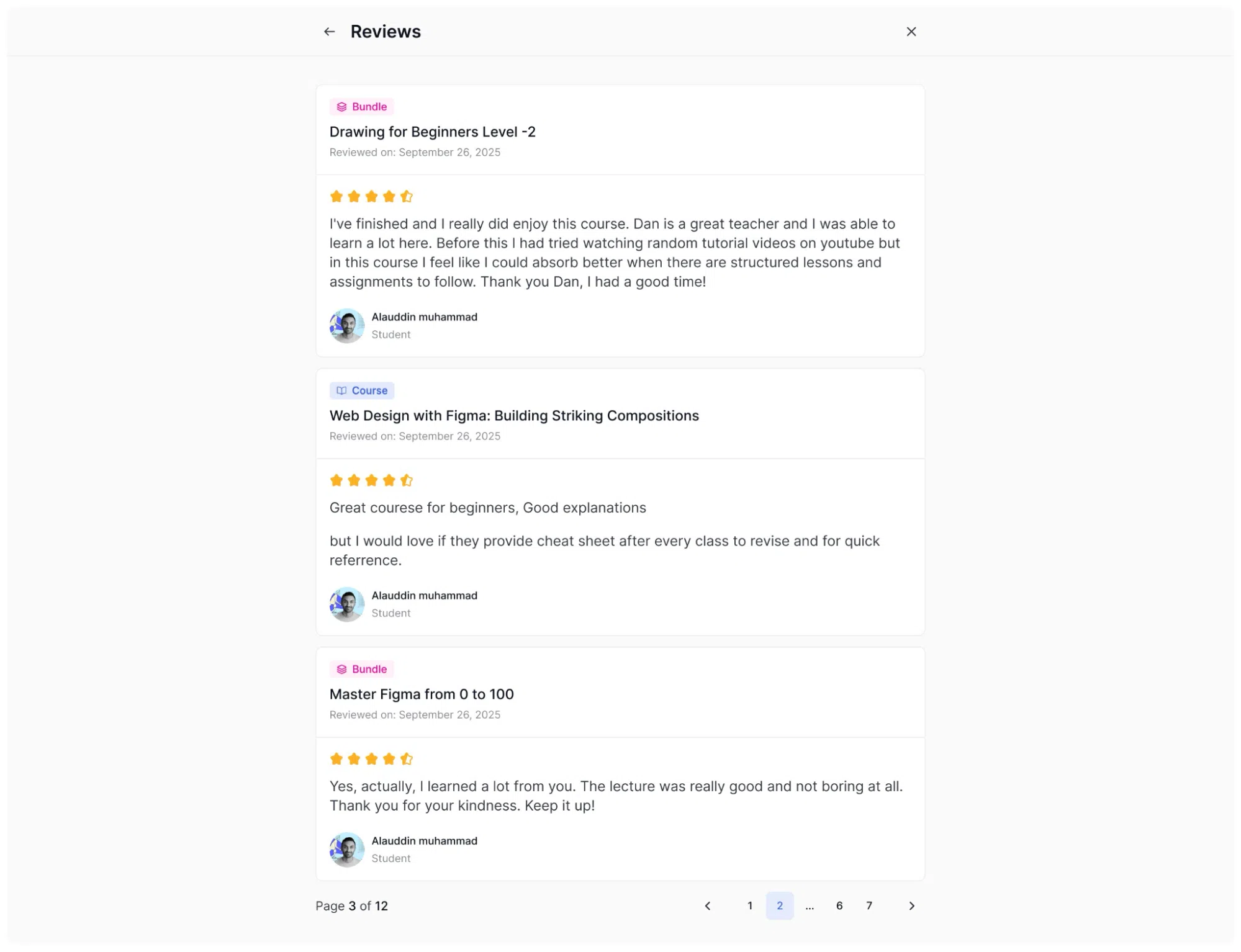 Instructor Dashboard- Student Reviews