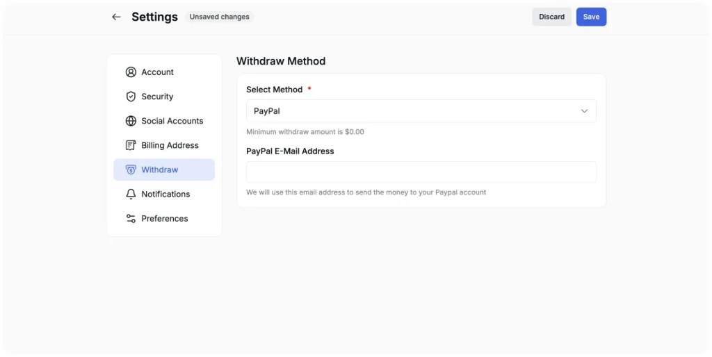 Instructor Withdraw Method Configuration (Settings Menu)
