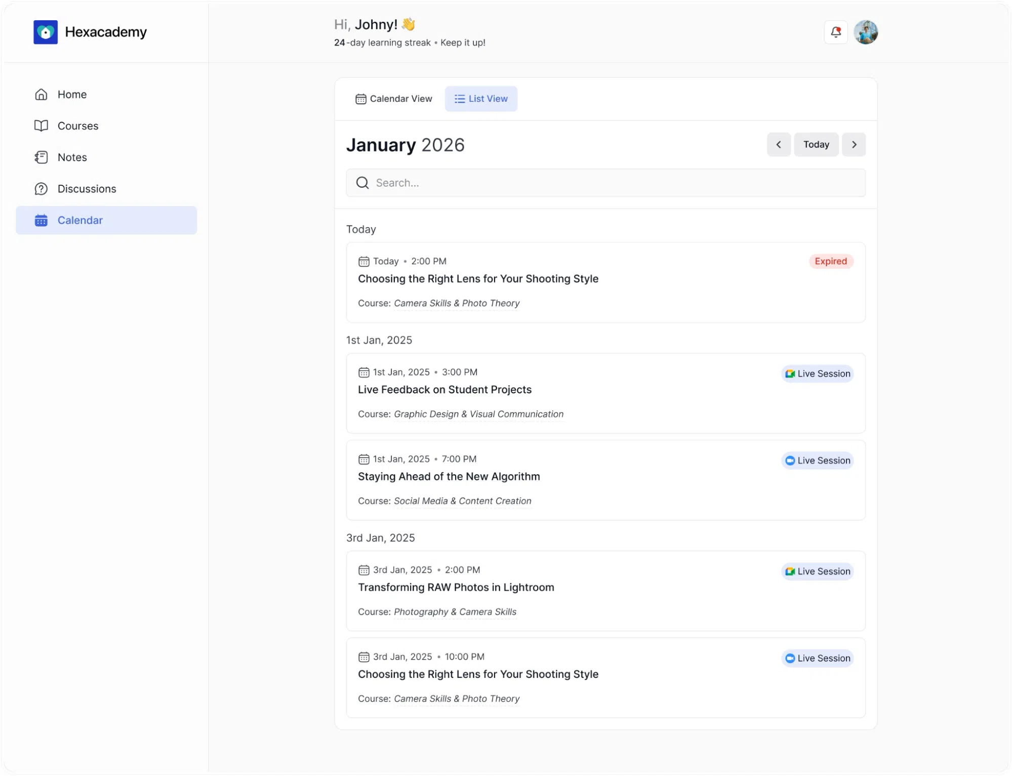 Leaner Dasgboard Calendar List View