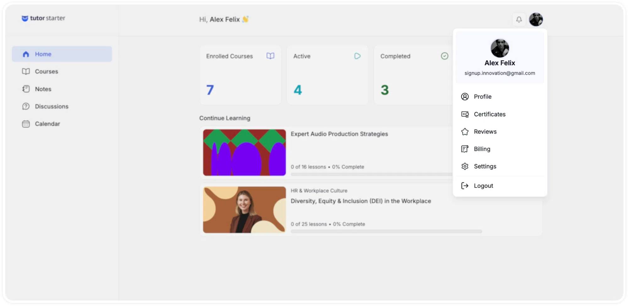 Learner Account Menu & Profile Options