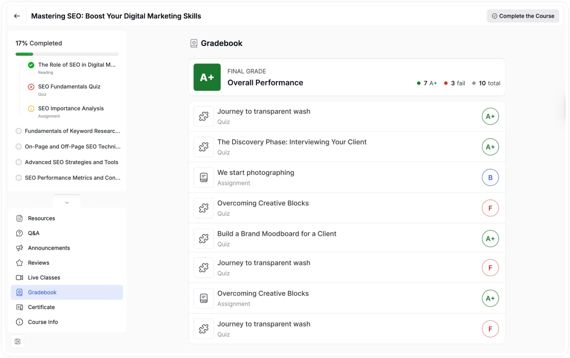Learner Interface- Gradebook
