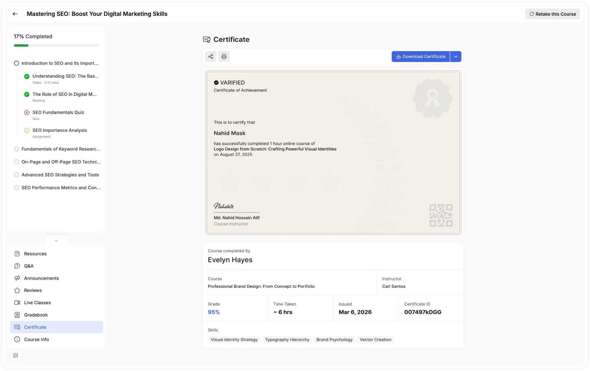 Learner Interface- Print Download Share Course Certificate