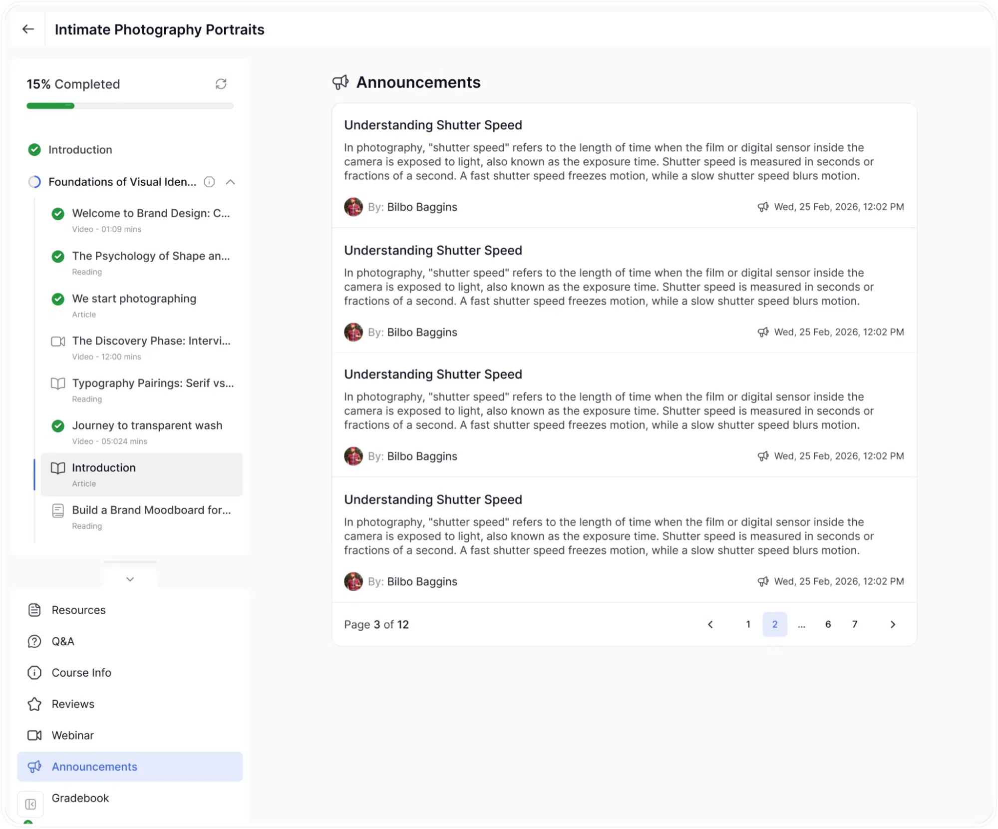 Learner interface- Course Announcements