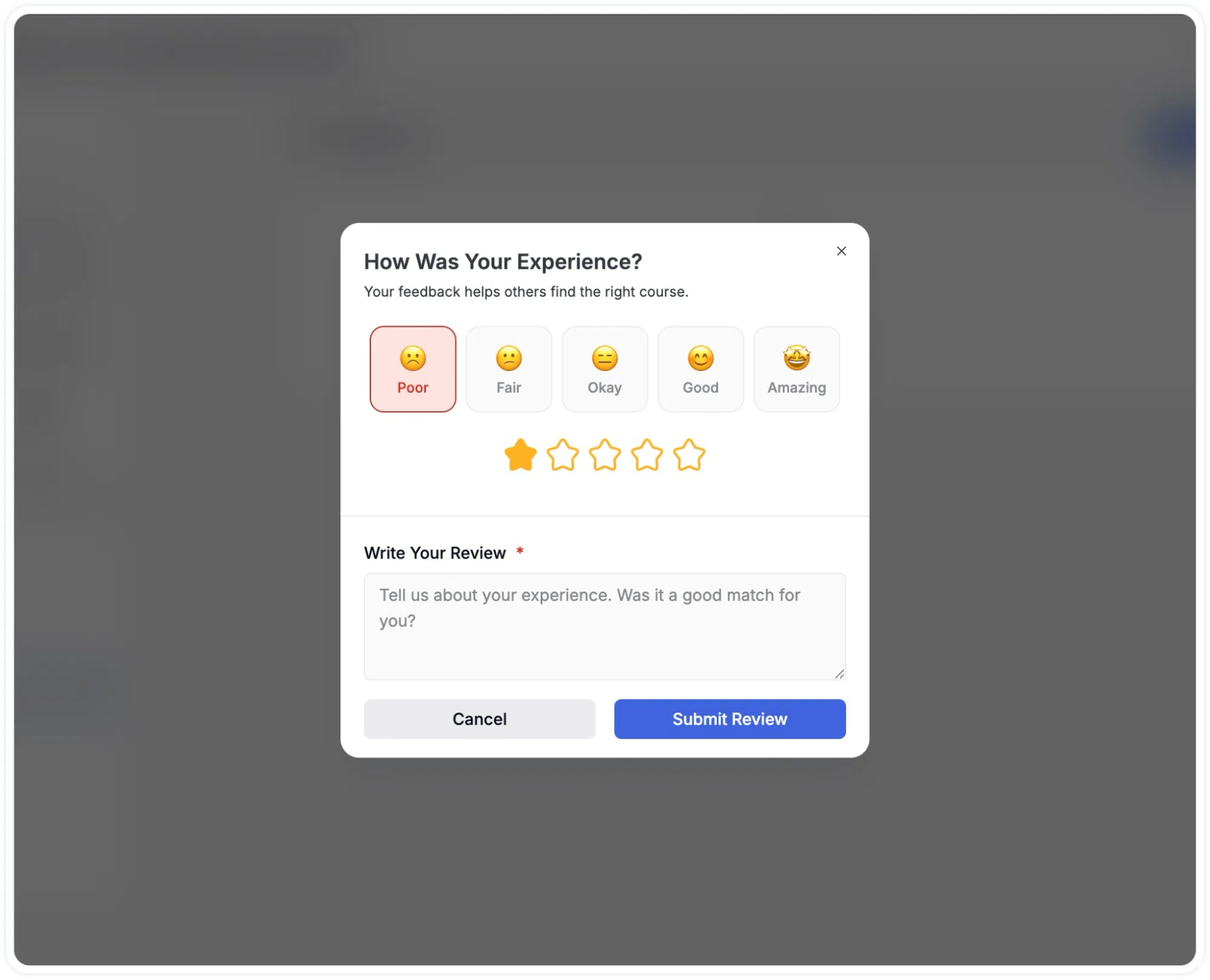 Learner interface- Emoji based course rating and review modal