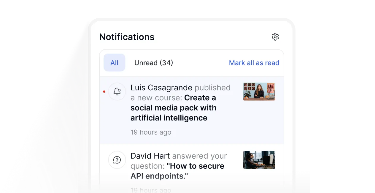 Notifications panel showing course updates and question replies