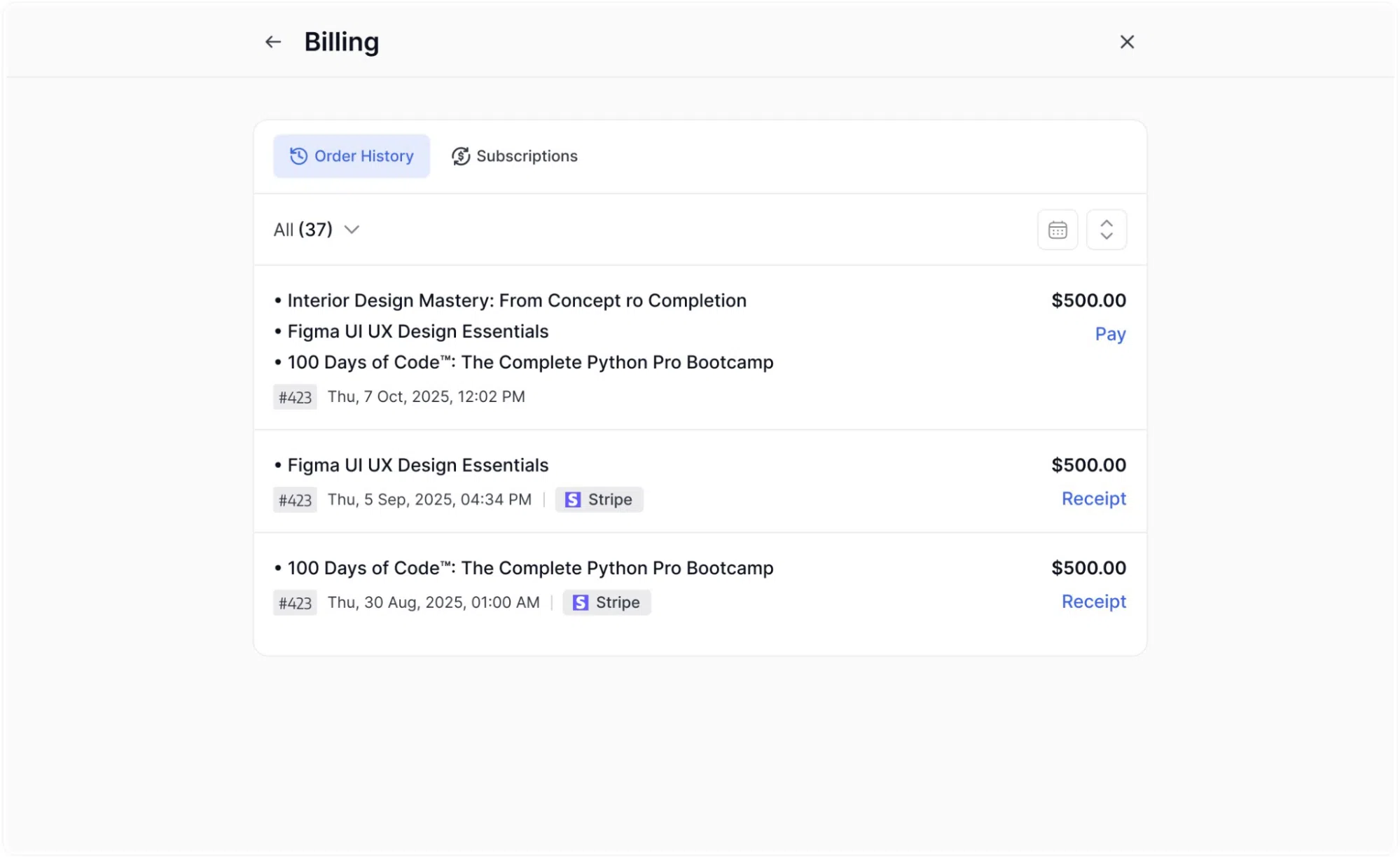 Order History Transaction List