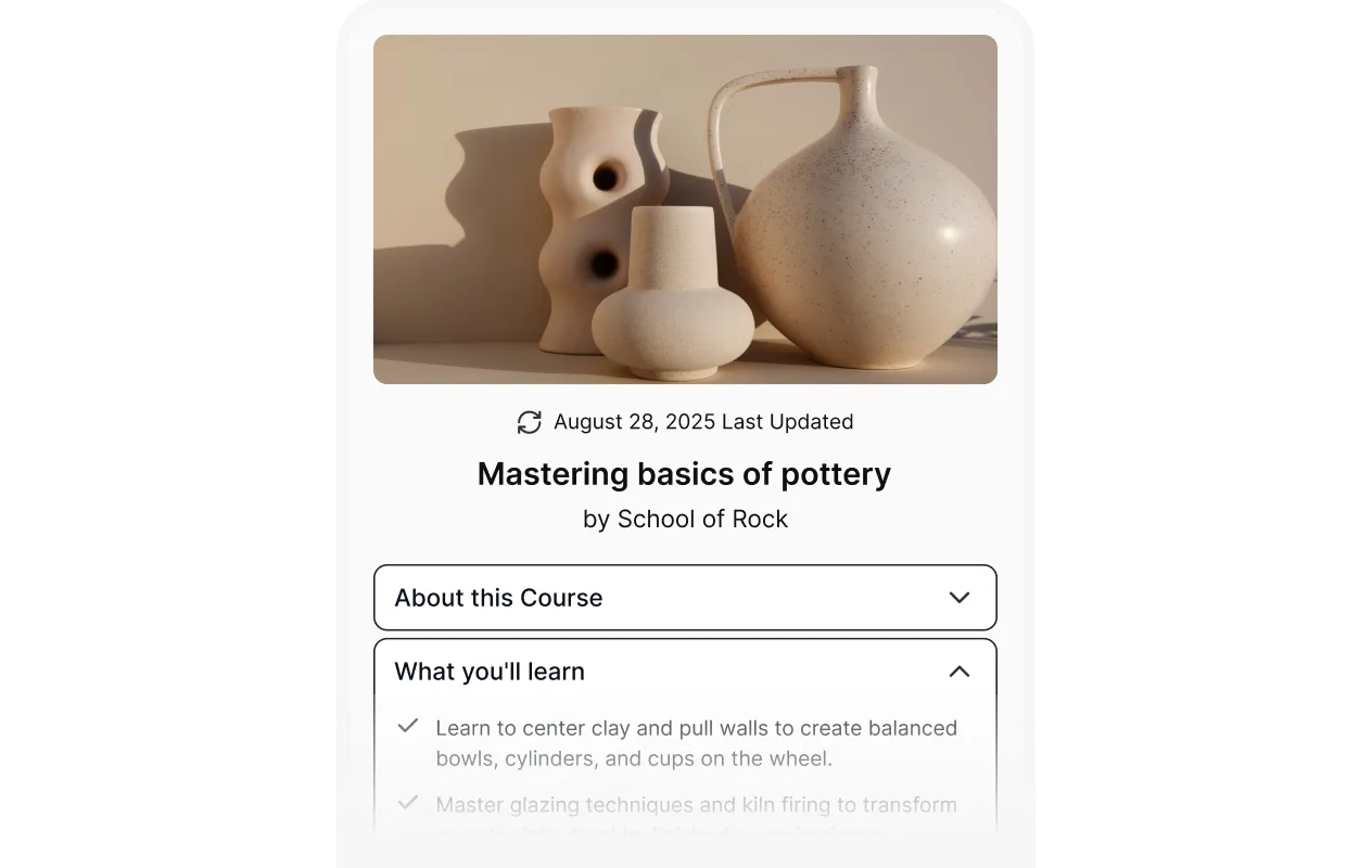 Pottery course page displayed in high contrast accessibility mode