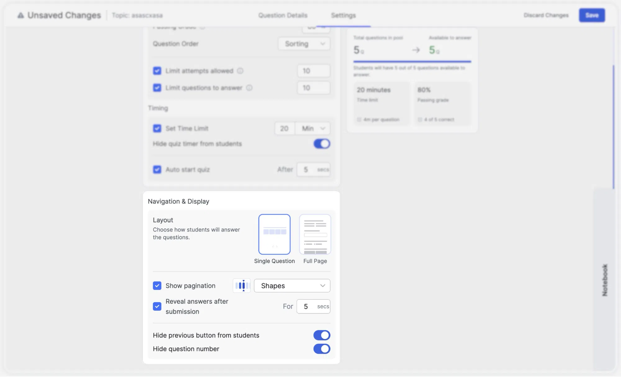 Quiz Settings-Navigation & Display