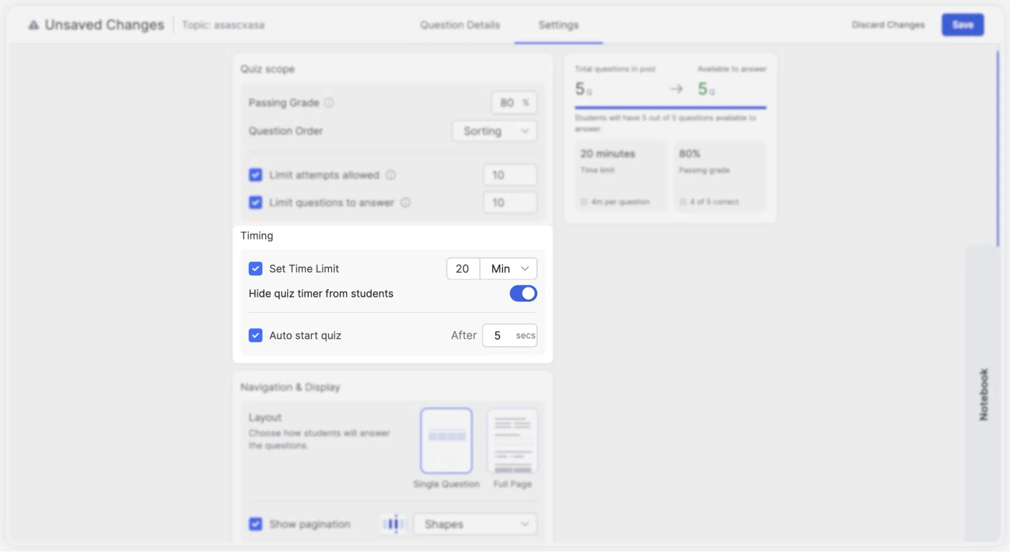 Quiz Settings-Timing