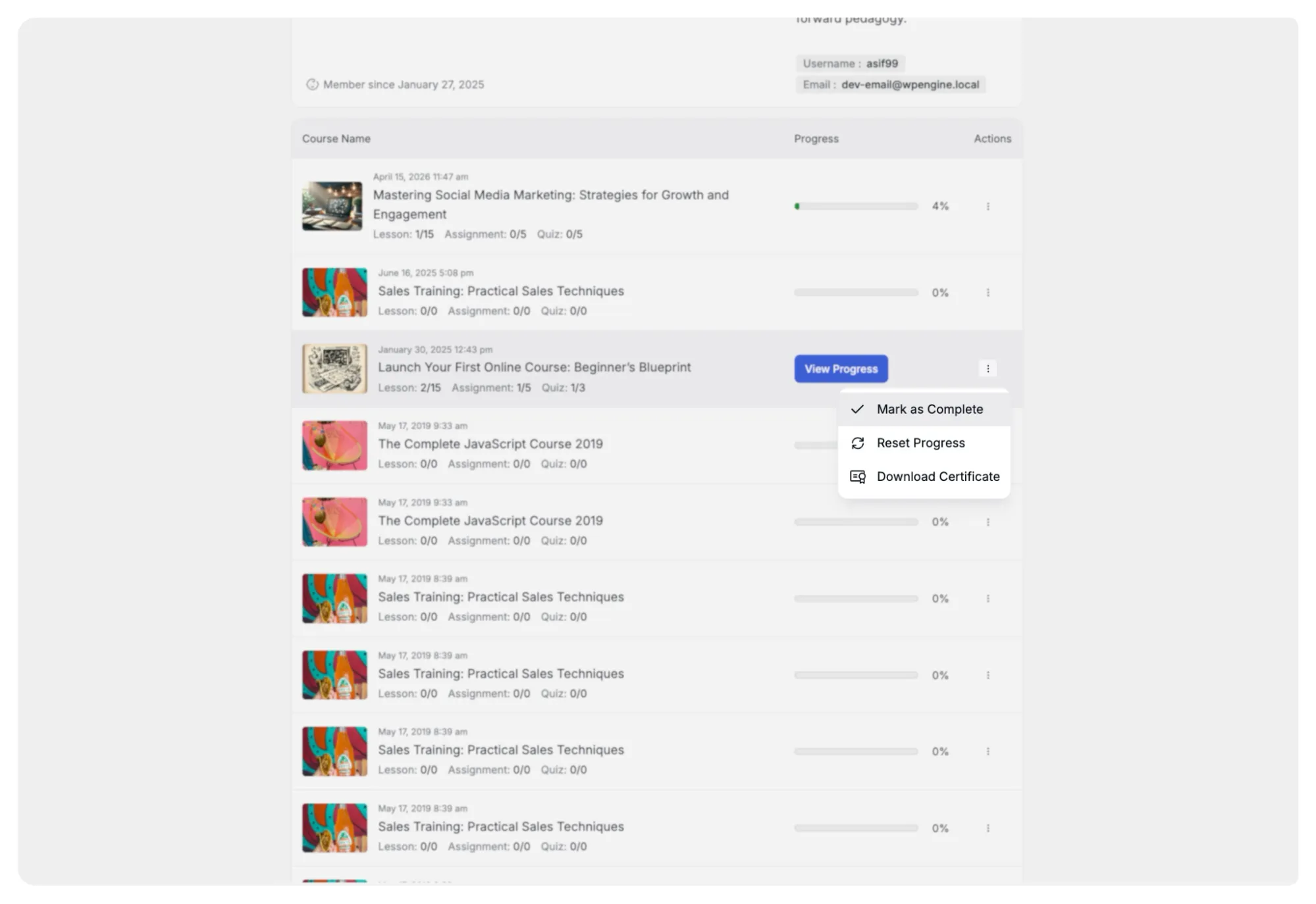 Tutor LMS- Instructor Dashboard Analytics- Courses additional options