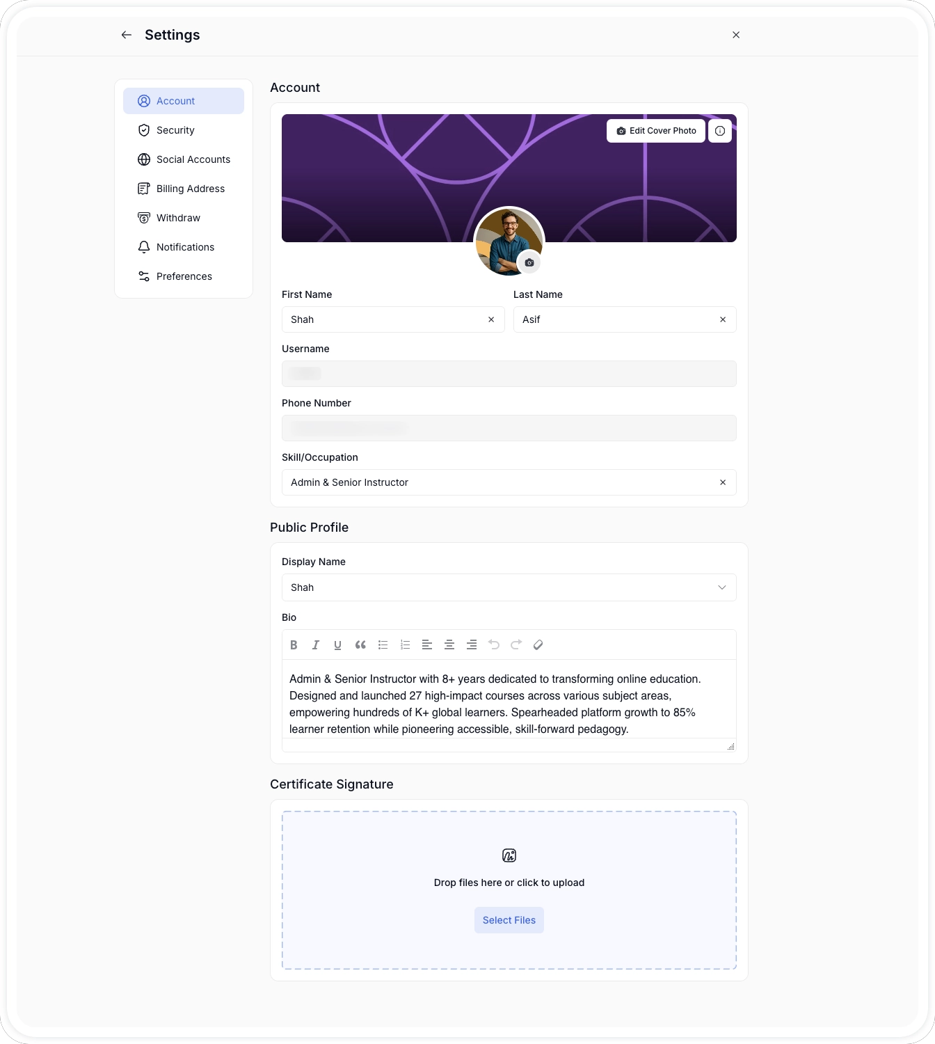 Tutor LMS Instructor Dashboard- Editing Profile Information