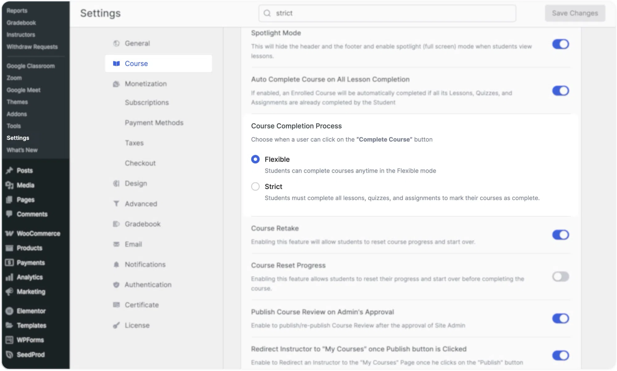 Tutor LMS- Selecting Flexible or Strict study mode