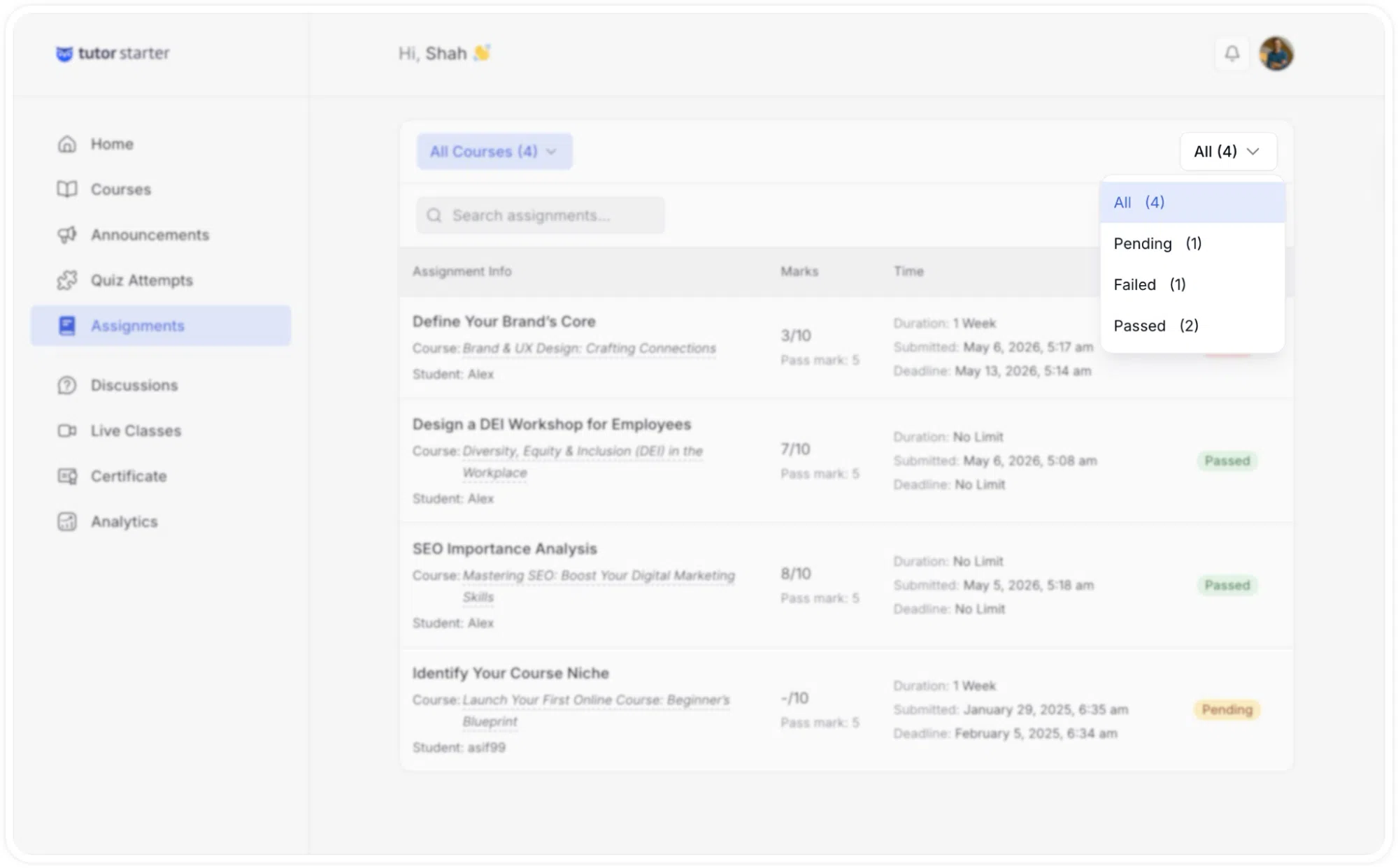 Tutor LMS The Assignments List tab- instructor Course filter