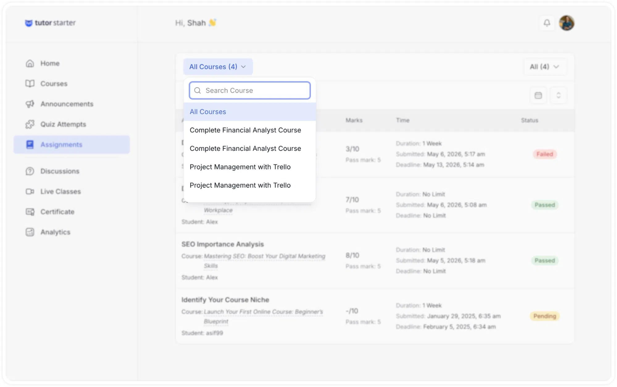 Tutor LMS The Assignments List tab- instructor Search bar