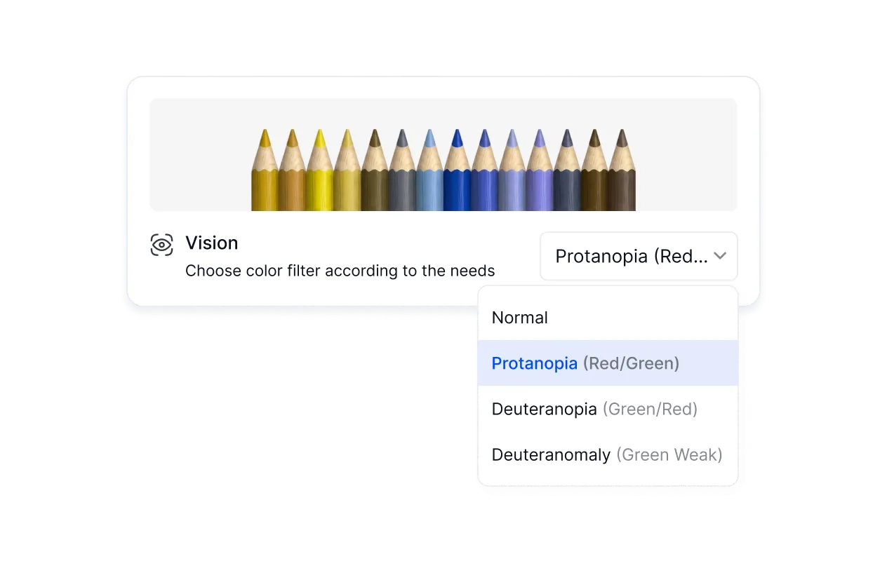 Vision settings with color blindness filter dropdown options