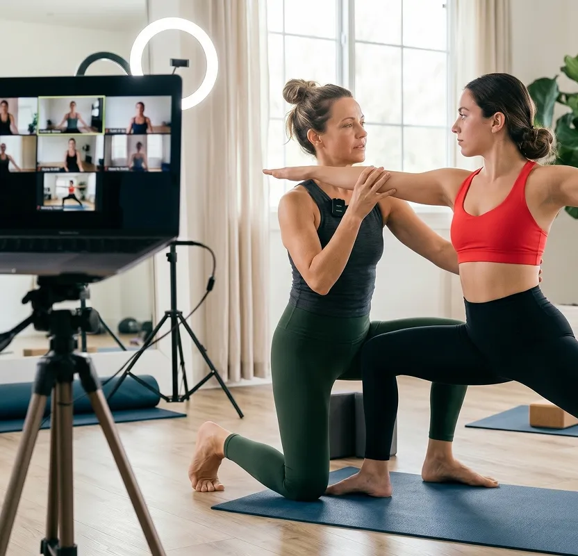 A certified yoga instructor guides a student through a pose correction during a live online session, with a laptop and ring light setup visible in the foreground streaming to remote participants. The professional studio setting — mats, props, and camera equipment — reflects a credentialed instructor delivering structured, certifiable training both in-person and online.