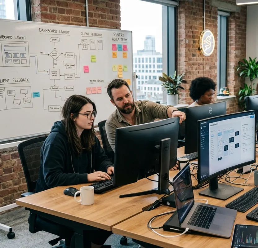 A team collaborates in a modern open-plan office, with a colleague pointing at a monitor while reviewing work together. A whiteboard behind them shows flowcharts and sticky notes organized under sections like