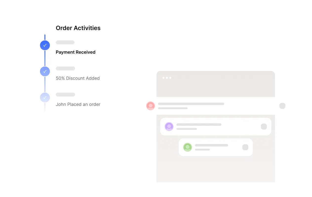 A TutorLMS order activity timeline showing payment received, a 50% discount applied, and order placement — illustrating how instructors can track and manage every order step, apply custom discounts, and update order status from a single dashboard.