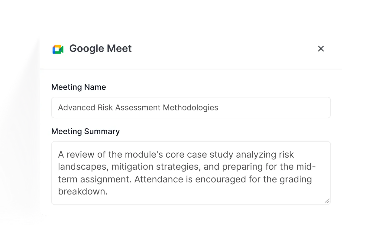 Google Meet live lesson setup form with meeting details.