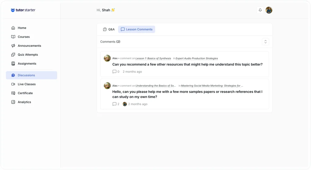 The Instructor Dashboard Tutor LMS- Lesson Comments Section