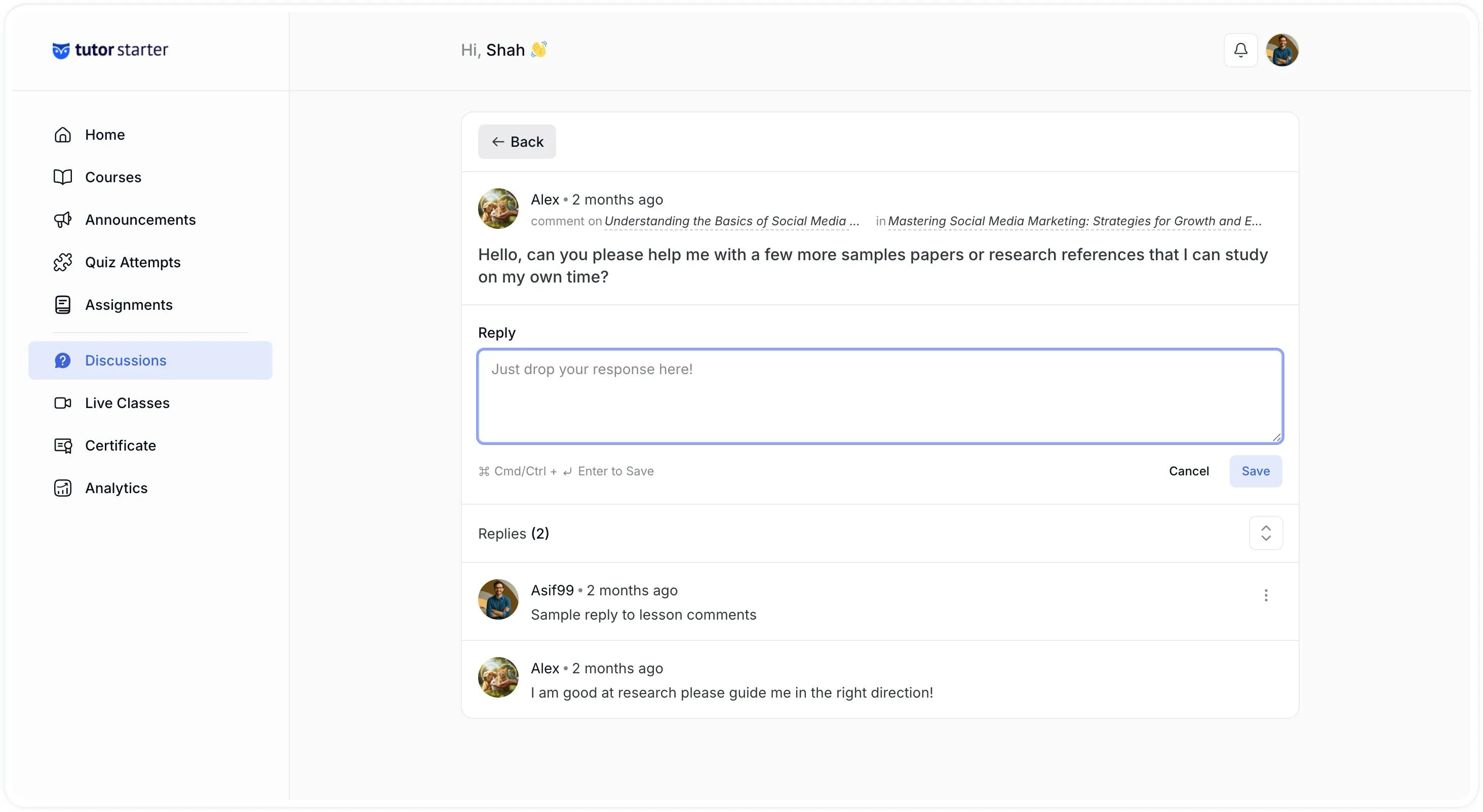 Instructor Dashboard- Replying to learner lesson comments