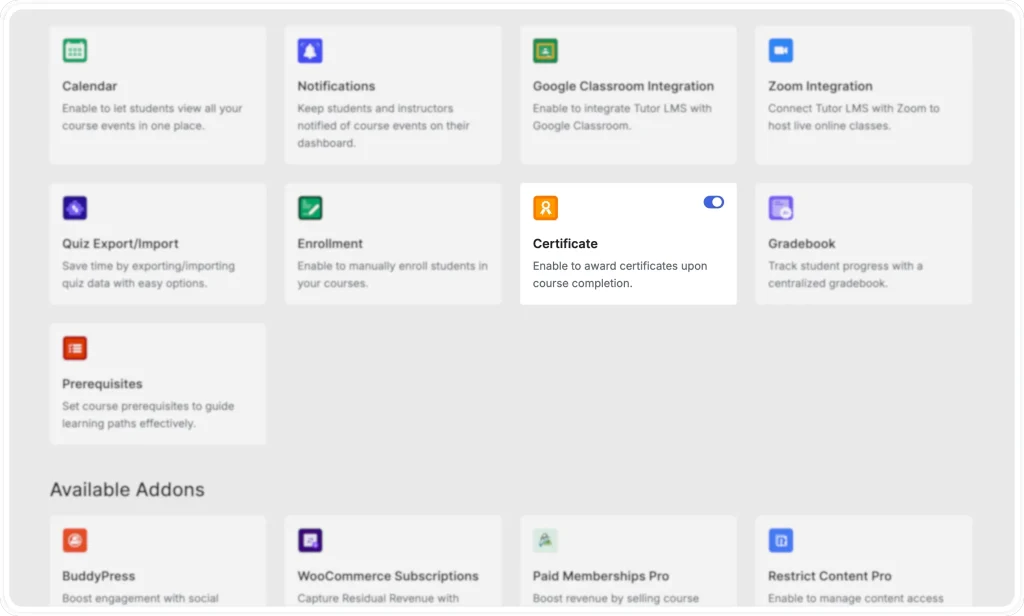 Tutor LMS Pro- Certificate Addon enabled