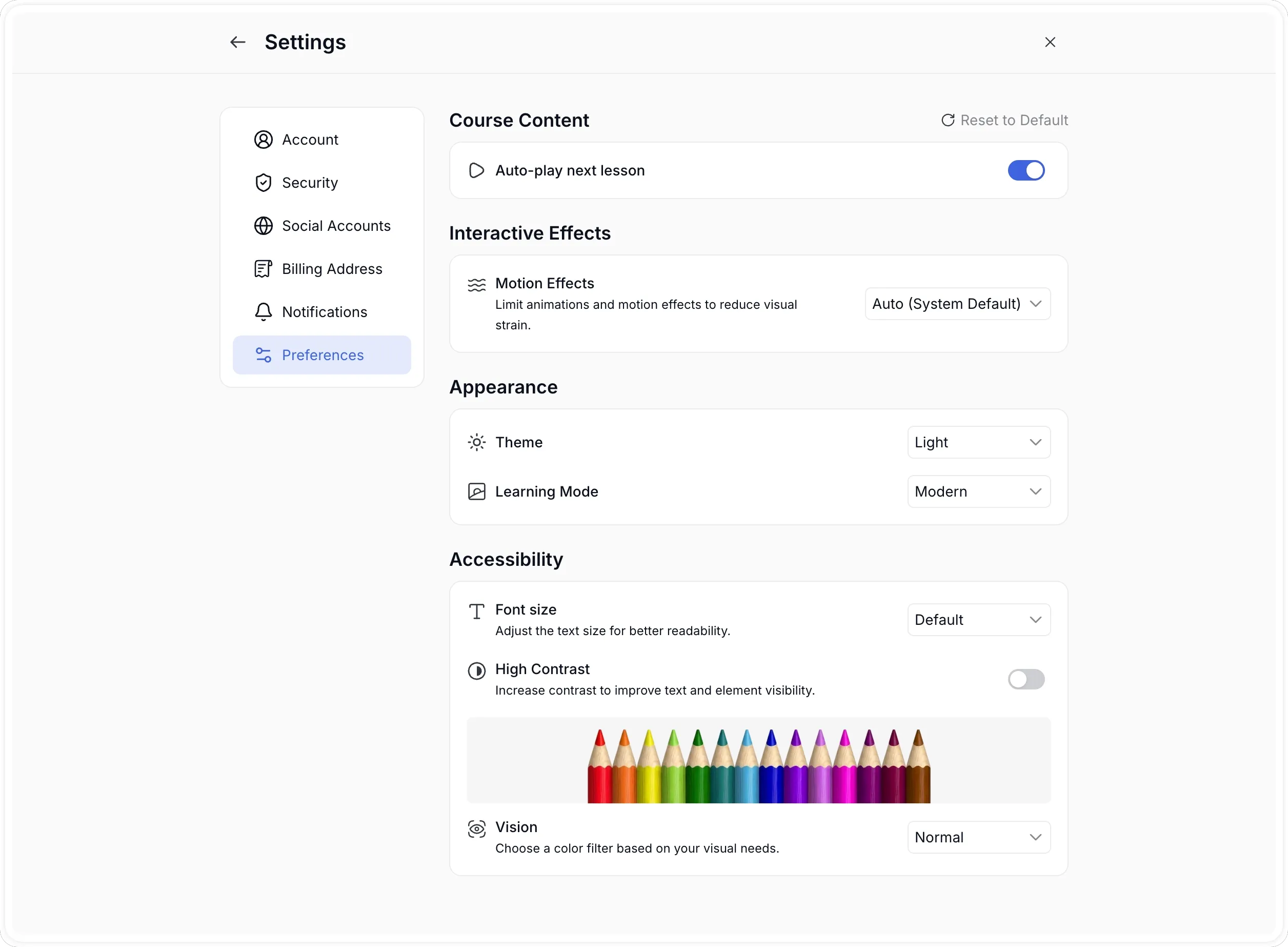 Learner Preference Settings (Accessibility Dark mode)
