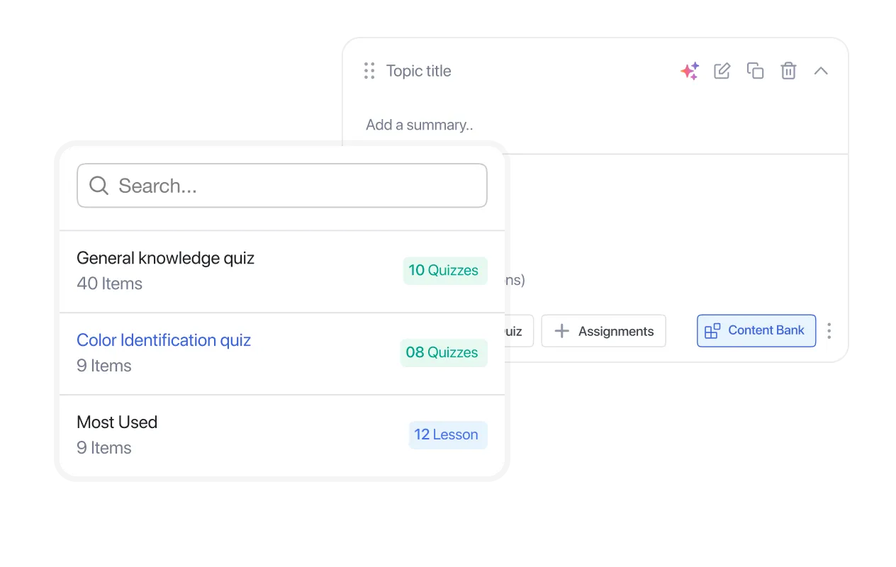 Content bank search showing reusable quizzes and lessons