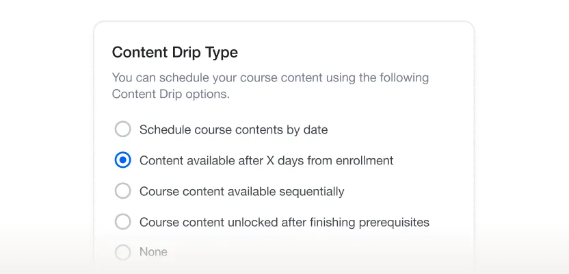 Content drip settings with scheduled release options for courses