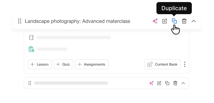 Course module with duplicate button tooltip highlighted