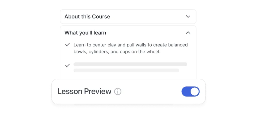 Course page with lesson preview toggle enabled