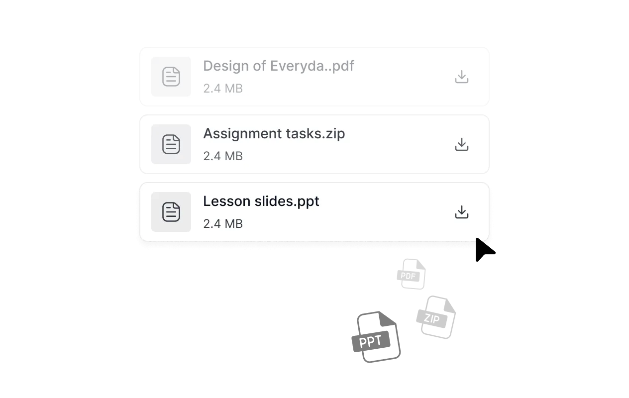 Lesson downloadable files list with PDF, ZIP, and PPT formats