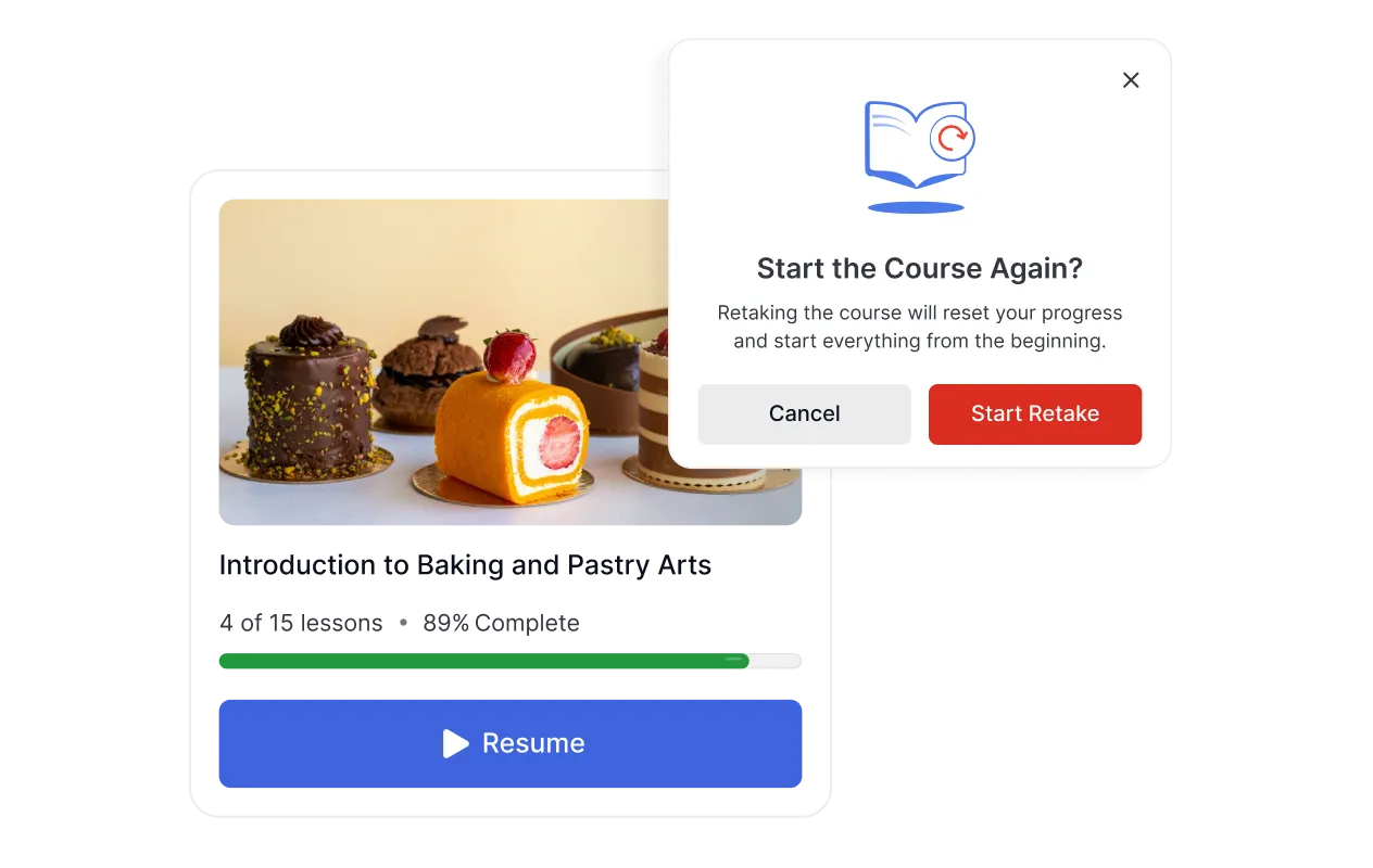 Course retake confirmation popup with resume option shown