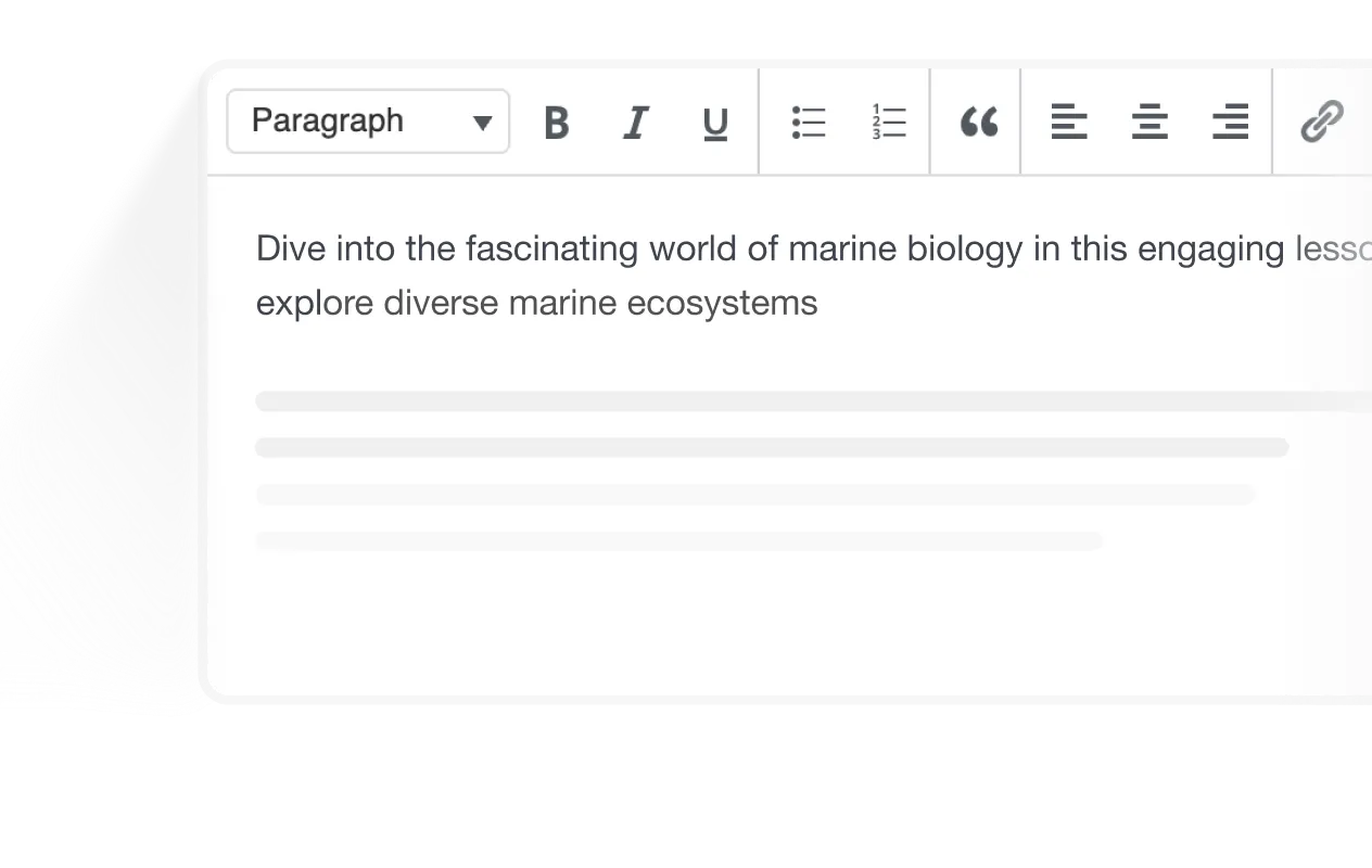 Rich text editor with formatted lesson content being written