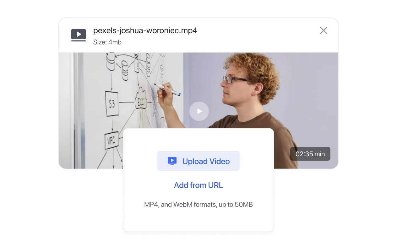 Video upload panel with instructor teaching on whiteboard